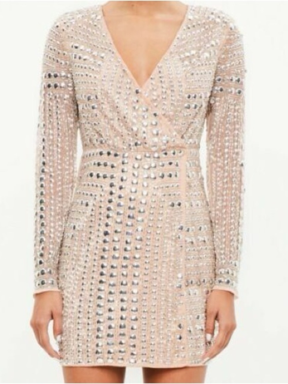 ASOS Blush Embellished V-Neck Long Sleeve Mini Dress